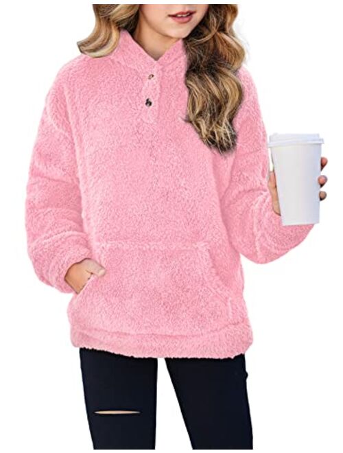 Arshiner Girls Warm Hoodie Sherpa Fleece Pullover Button Up Casual Outerwear Coat With Pockets