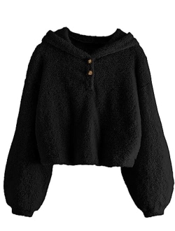 GAMISOTE Kids Girl's Fuzzy Hoodies Warm Loose Button Down Pullover Sherpa Jacket Top