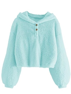 GAMISOTE Kids Girl's Fuzzy Hoodies Warm Loose Button Down Pullover Sherpa Jacket Top