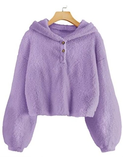 GAMISOTE Kids Girl's Fuzzy Hoodies Warm Loose Button Down Pullover Sherpa Jacket Top