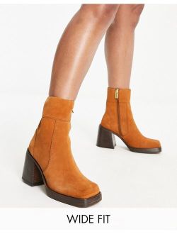 Wide Fit Region suede mid-heel boots in tan