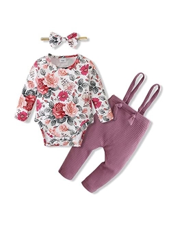 Caretoo Newborn Baby Girls Fall Clothes, Infant Romper Floral Long Sleeve Overalls Outfits Winter Gift Set 0-18 Months