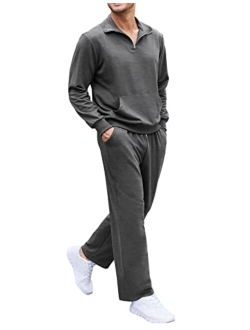 Men's 2 Piece Track Suit Set Jogging Sweatsuit Workout Quarter Zip Suit