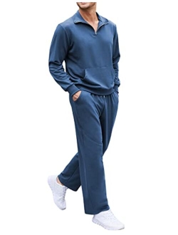 Men's 2 Piece Track Suit Set Jogging Sweatsuit Workout Quarter Zip Suit