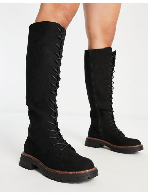 ASOS DESIGN Wide Fit Carolina chunky lace up knee high boots in black