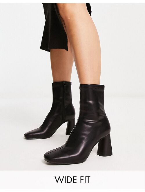 Stradivarius wide fit mid heel sock boot in black