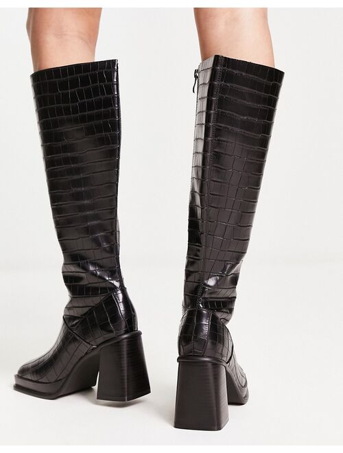 RAID Wide Fit Pacfic heeled knee boots in black croc