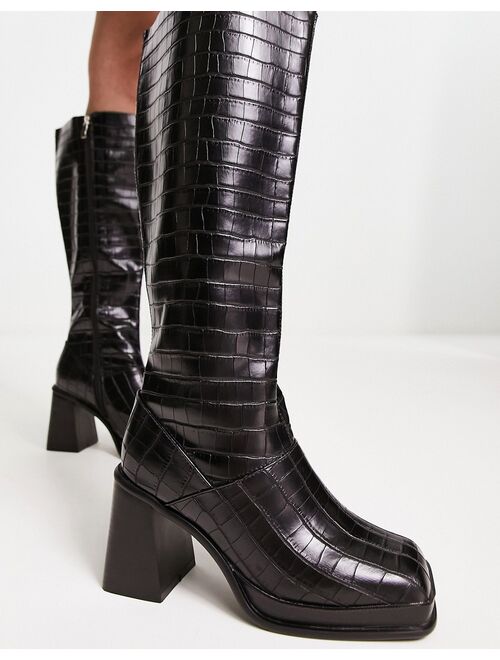 RAID Wide Fit Pacfic heeled knee boots in black croc