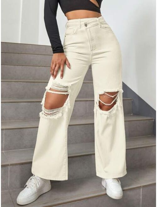 Shein Cut Out Ripped Frayed Straight Leg Jeans