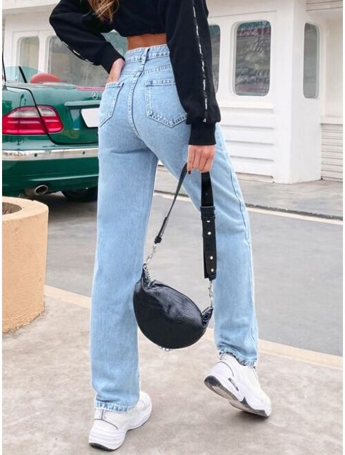 Shein Contrast Top-stitching Straight Leg Jeans