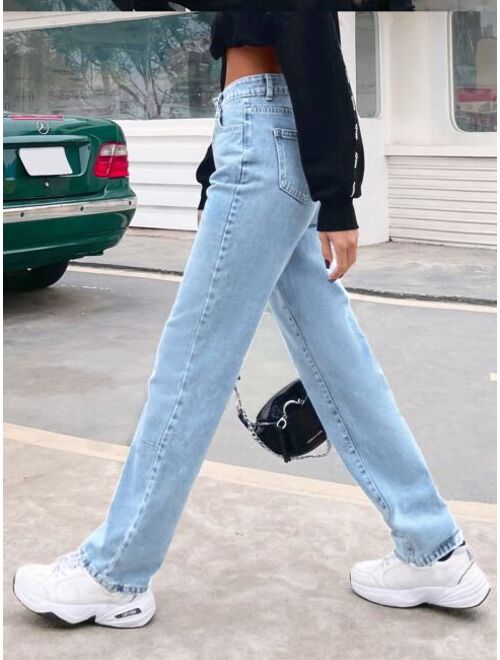 Shein Contrast Top-stitching Straight Leg Jeans