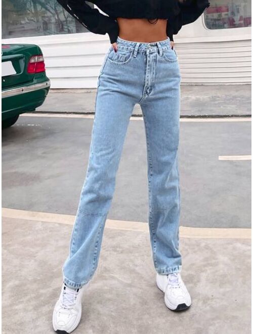 Shein Contrast Top-stitching Straight Leg Jeans