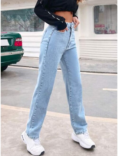 Shein Contrast Top-stitching Straight Leg Jeans