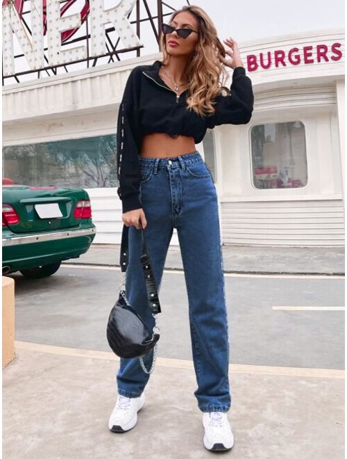 Shein Contrast Top-stitching Straight Leg Jeans