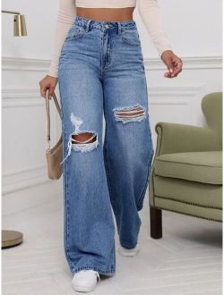 High Waist Ripped Wide Leg Jeans