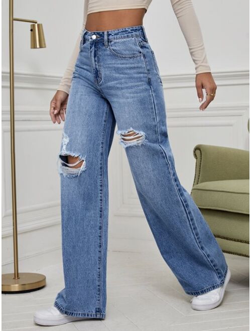 Shein High Waist Ripped Wide Leg Jeans