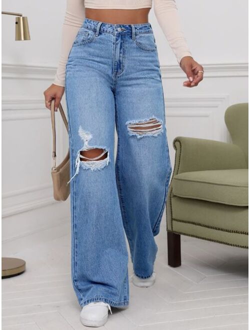 Shein High Waist Ripped Wide Leg Jeans