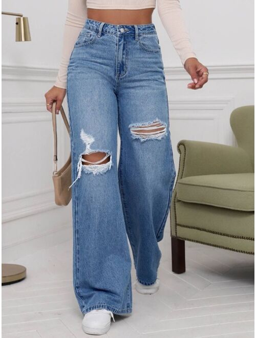 Shein High Waist Ripped Wide Leg Jeans