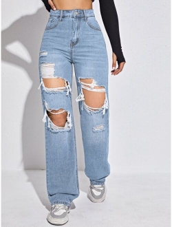 High Waist Ripped Straight Jeans