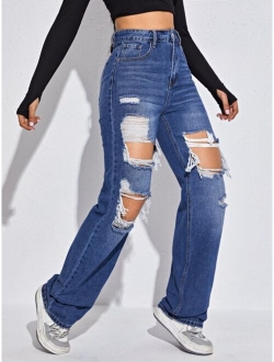 High Waist Ripped Straight Jeans