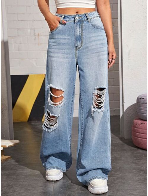 Shein Bleach Wash High-Rise Wide Leg Jeans