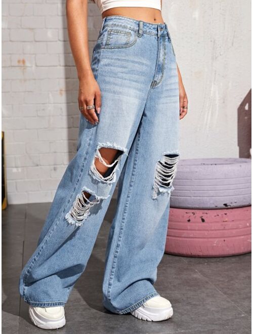 Shein Bleach Wash High-Rise Wide Leg Jeans