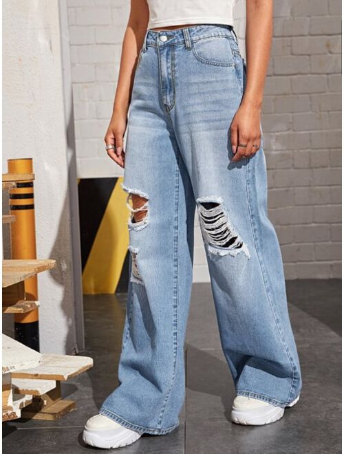 Shein Bleach Wash High-Rise Wide Leg Jeans