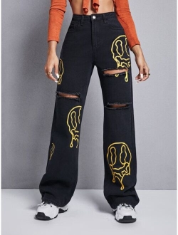 Cartoon Face Graphic Ripped Wide Leg Jeans