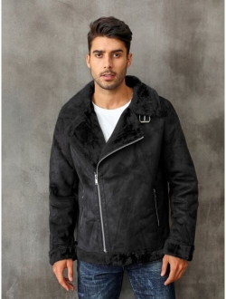 Men Zip Up Lapel Neck Teddy Lined Coat