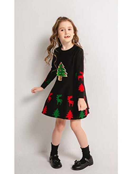 SMILING PINKER Girls Christmas Dress Jingle Bells Sequins Xmas Tree Knit Ugly Sweater