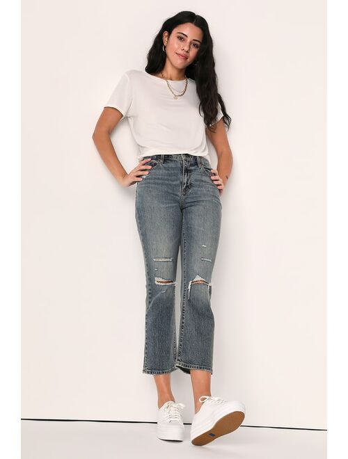 DAZE DENIM Shy Girl Medium Wash Distressed High-Rise Cropped Flare Jeans