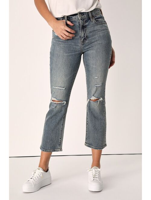 DAZE DENIM Shy Girl Medium Wash Distressed High-Rise Cropped Flare Jeans