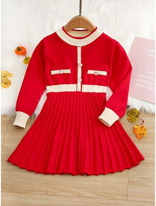 Shein Toddler Girls Contrast Trim Pleated Sweater Dress