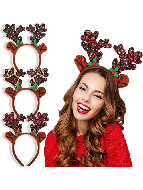 MCPINKY Reindeer Antlers Headband, 3PCS Deer Antlers Headband with Glitter Sequins Christmas Reindeer Ears Headband for Kids Adults Xmas Party Favors Cosplay Costume Supp