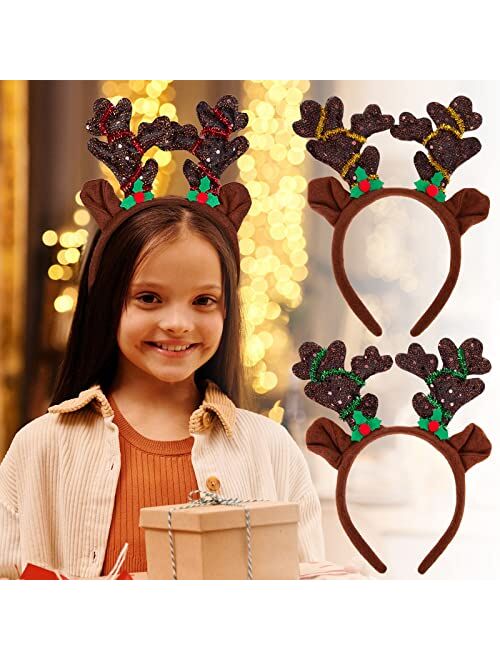 MCPINKY Reindeer Antlers Headband, 3PCS Deer Antlers Headband with Glitter Sequins Christmas Reindeer Ears Headband for Kids Adults Xmas Party Favors Cosplay Costume Supp