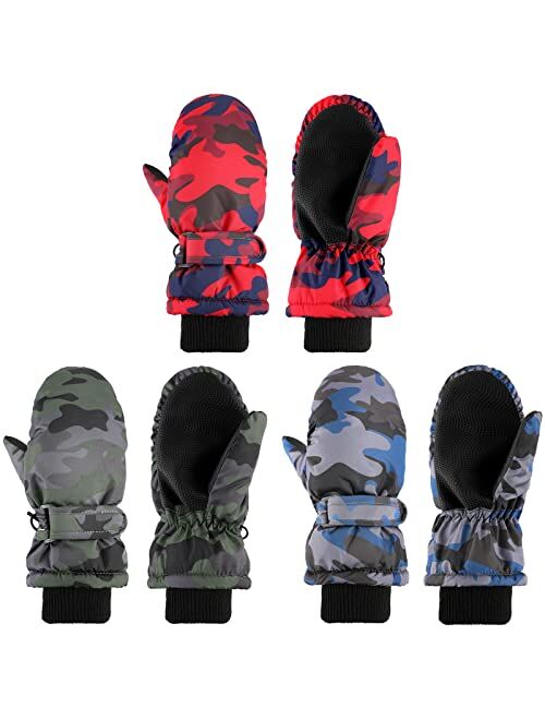 Geyoga 3 Pairs Winter Kids Gloves Windproof Warm Boys Girls Ski Gloves Camouflage Anti Skid Adjustable Gloves for Riding Outdoor