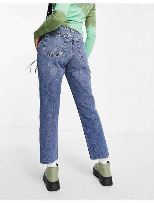 Topshop Straight jeans with raw hem in mid blue