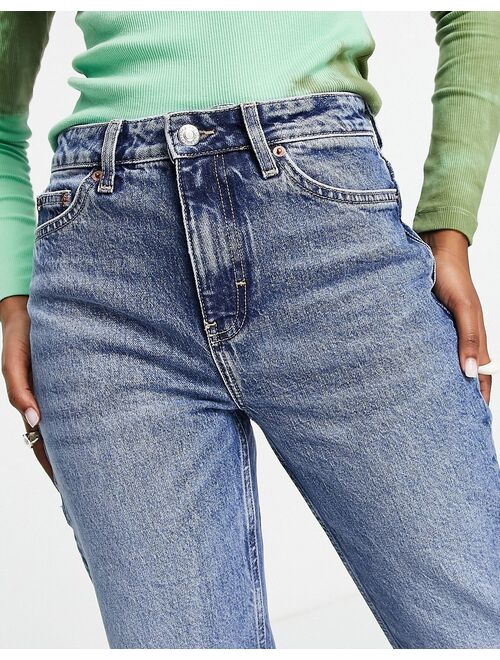 Topshop Straight jeans with raw hem in mid blue