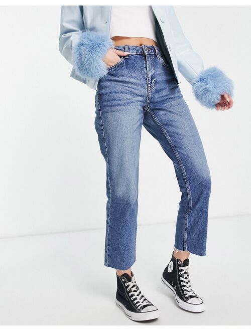 Topshop straight jeans with raw hem in mid blue