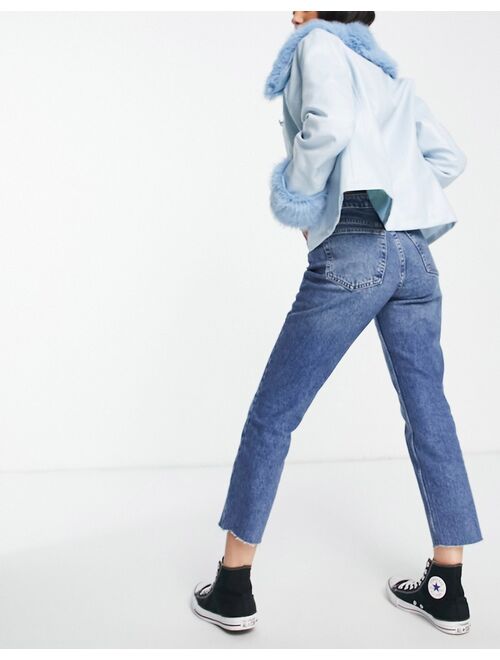 Topshop straight jeans with raw hem in mid blue