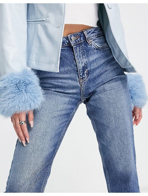 Topshop straight jeans with raw hem in mid blue