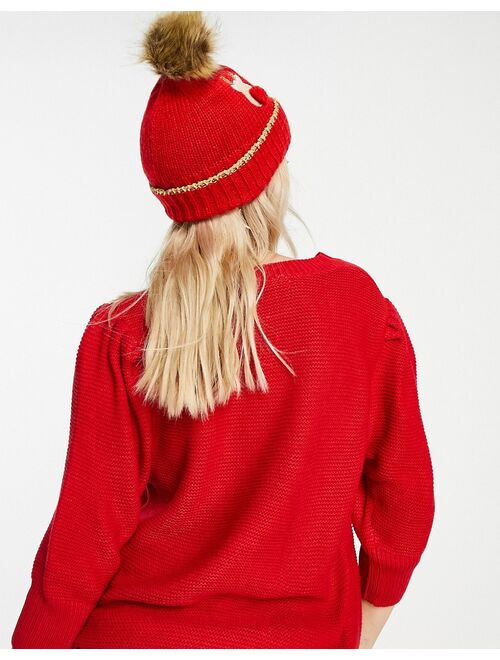 Boardmans christmas faux fur pom with reindeers beanie in red