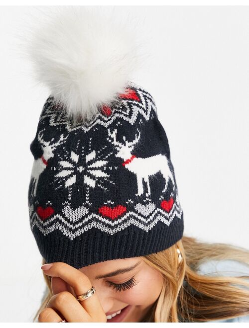 Boardmans christmas reindeer fairisle beanie in navy