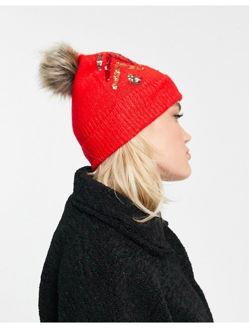 Boardmans christmas faux fur pom with sequin detail beanie in red