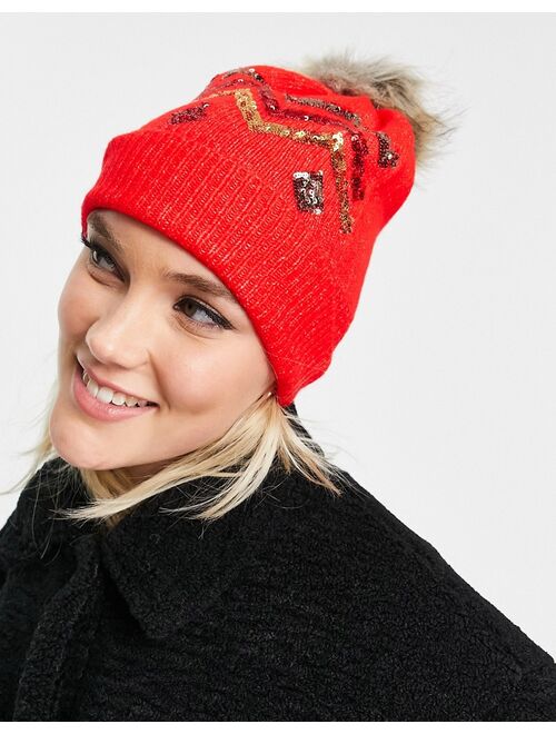 Boardmans christmas faux fur pom with sequin detail beanie in red