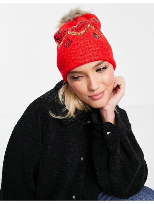 Boardmans christmas faux fur pom with sequin detail beanie in red