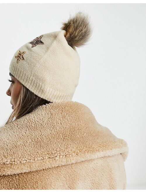 Boardmans christmas faux fur pom with sequin stars beanie in cream