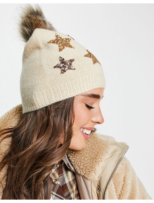 Boardmans christmas faux fur pom with sequin stars beanie in cream