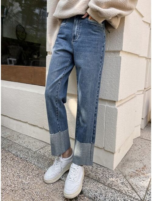 DAZY Slant Pocket Foldover Hem Straight Leg Jeans