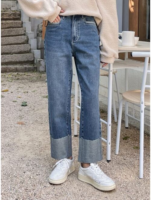 DAZY Slant Pocket Foldover Hem Straight Leg Jeans